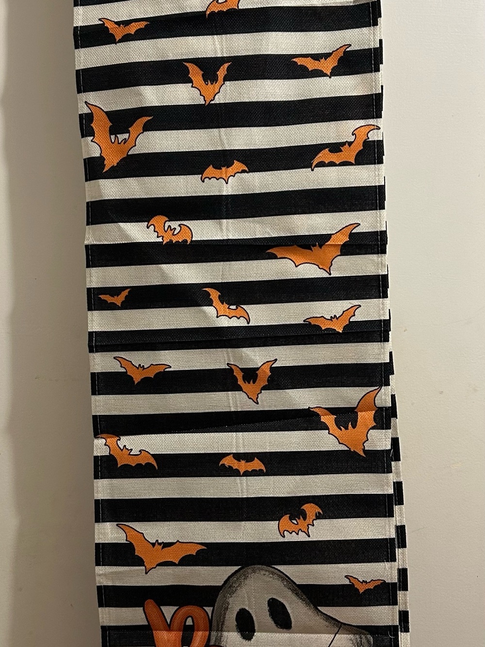 Halloween Striped Table Runner with Orange Bat Design